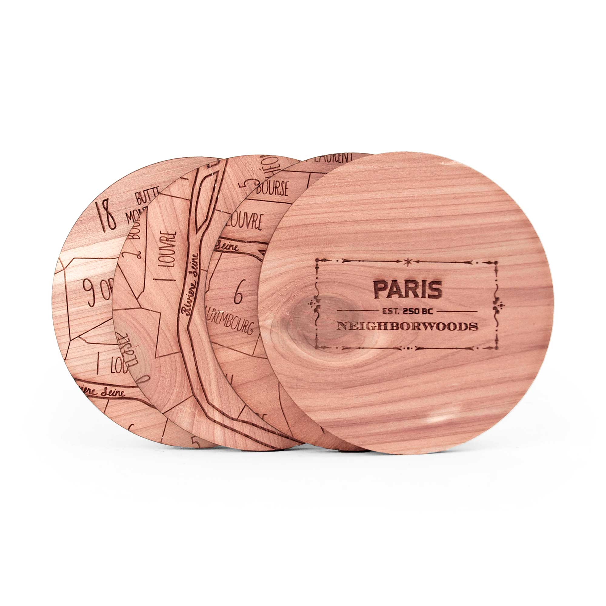 Neighborwoods | Engraved City Coasters made of Wood | Paris
