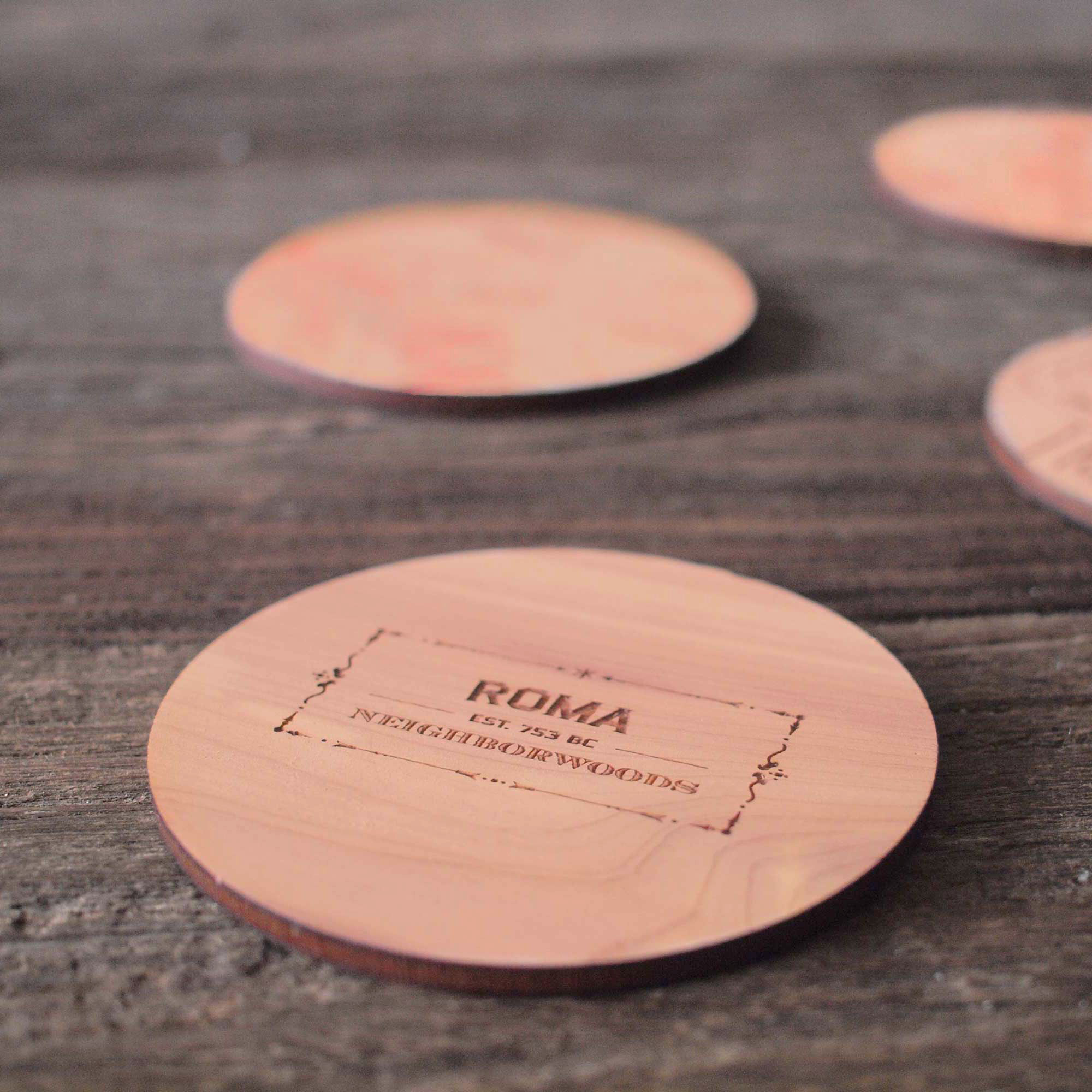 Neighborwoods | Engraved City Coasters made of Wood | Rome