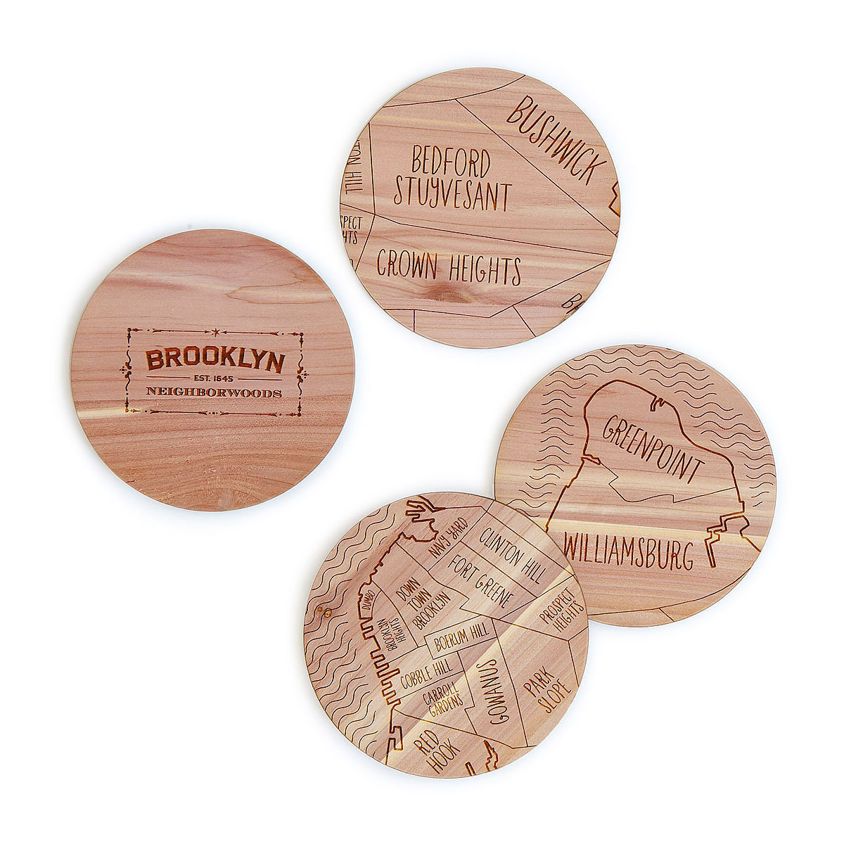 Neighborwoods | Engraved City Coasters made of Wood | Brooklyn